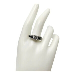 Lind Marked Silver Plated Black Clear Rhinestone Ring Size 10.75 Vintage